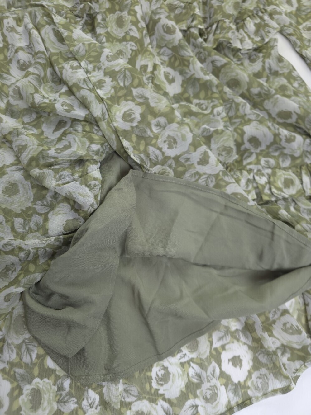New Anthropologie Loverly Grey Green Floral Ruffle V-Neck Mini Dress Sz M - Picture 11 of 11